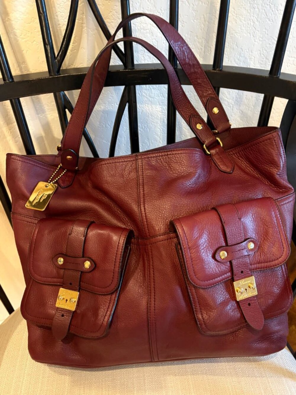 Lauren Ralph Lauren Large Pebbled Leather Tote – Burgundy/Gold Hardware
